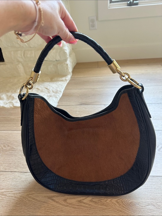 Brahmin Handbags - Brahmin Brown and Black Crescent Shoulder Bag with Gold Hardware